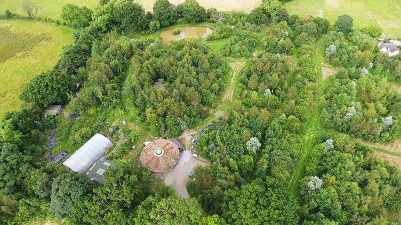 Aerial view of a forest garden with dense tree and crop layers