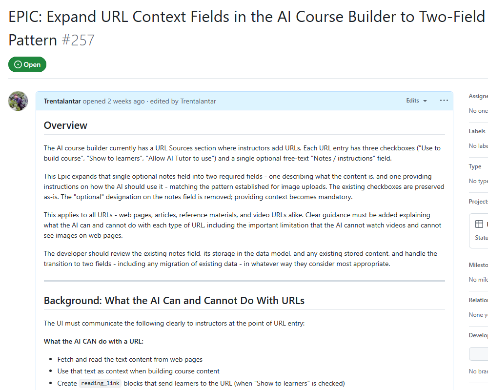 GitHub Epic written for AI course builder