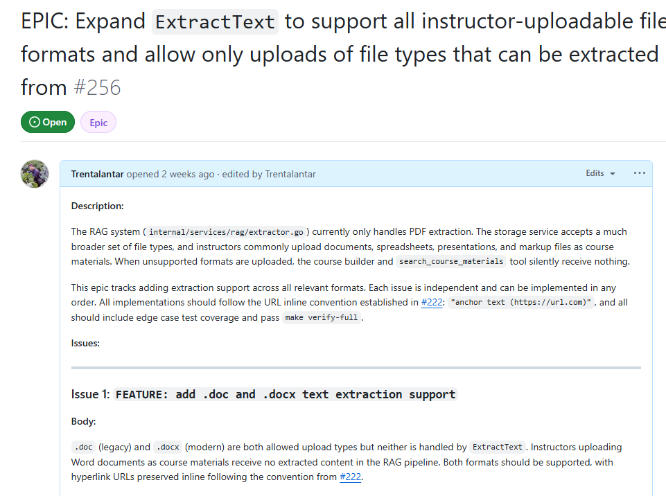 GitHub Epic and issue handoff