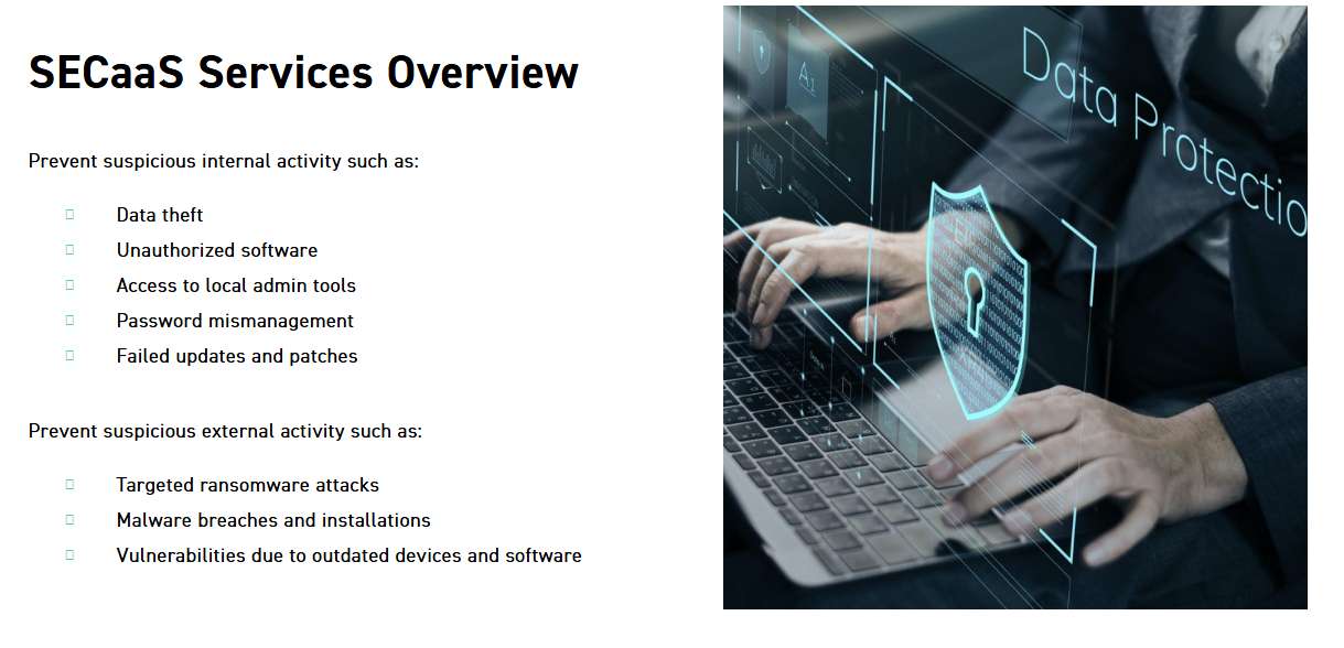 SECaaS services overview section with internal and external threat-prevention bullets.