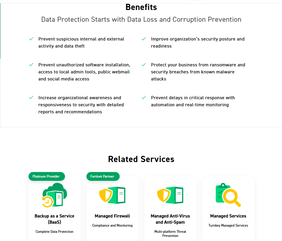 Benefits and related services section on the Storagepipe cybersecurity page.