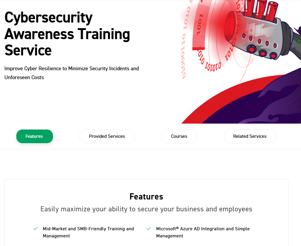 Cybersecurity Awareness Training Service page with feature, services, courses, and related services tabs.