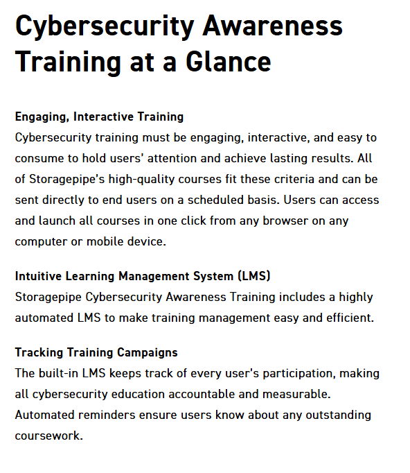 Cybersecurity Awareness Training at a Glance page section.