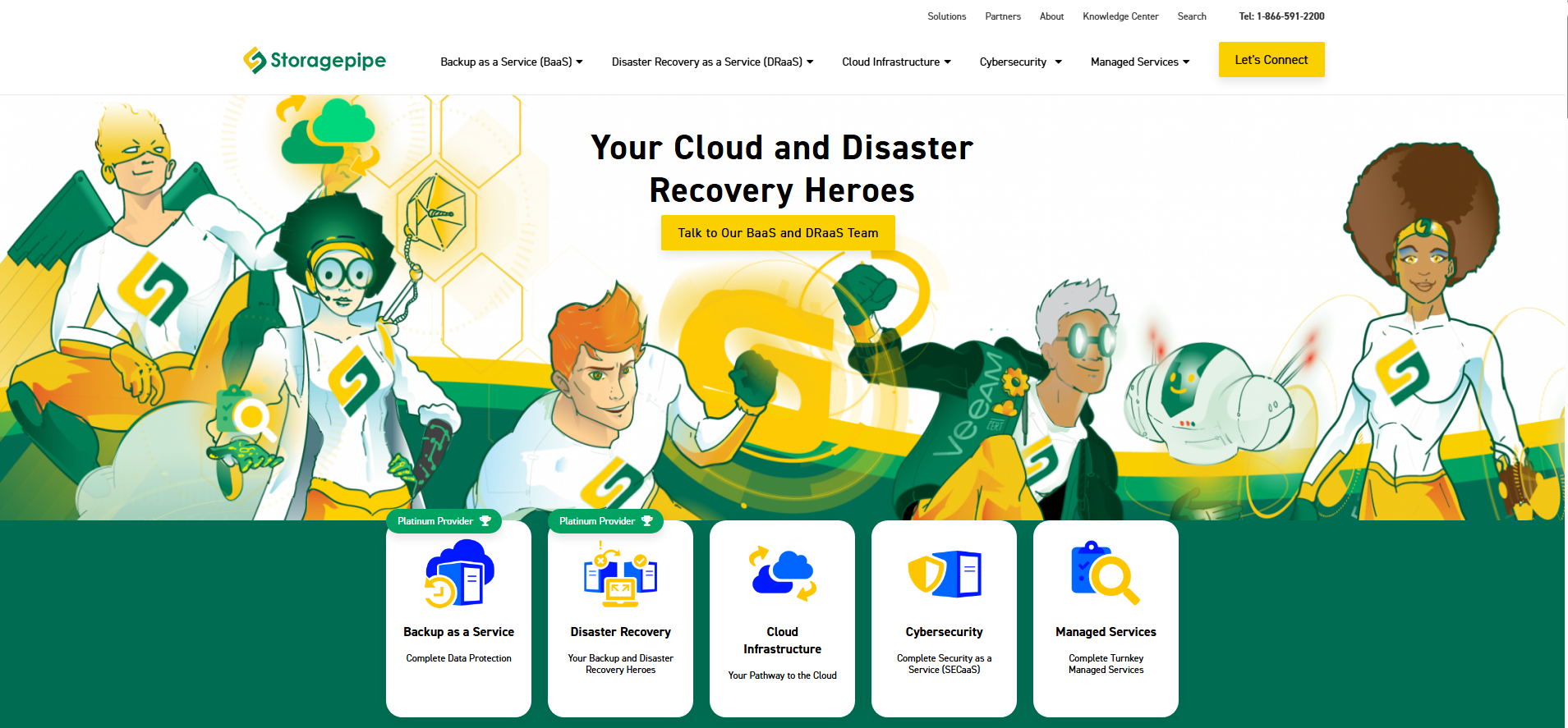 Storagepipe homepage hero with backup, disaster recovery, cloud infrastructure, cybersecurity, and managed services navigation.