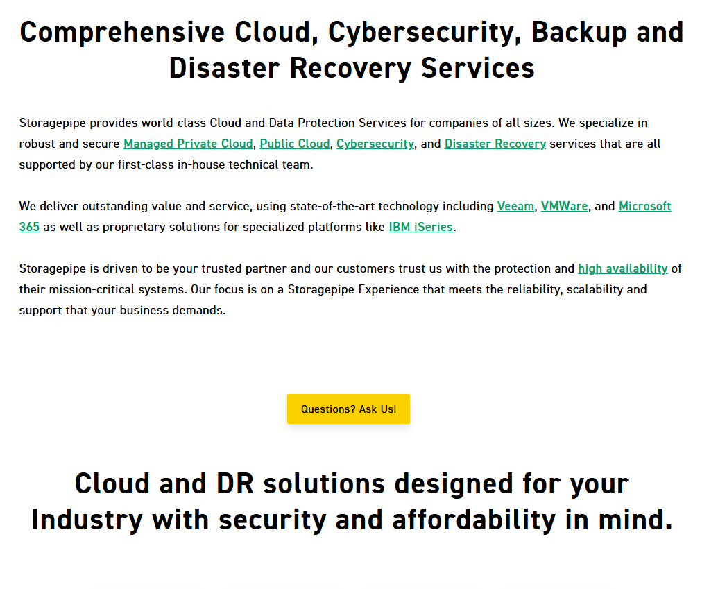 Storagepipe services overview page covering cloud, cybersecurity, backup, and disaster recovery.