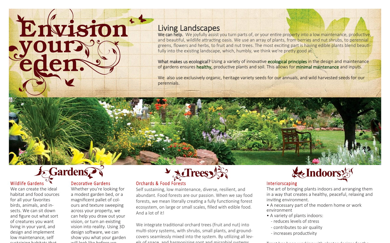 Living Landscapes Design brochure spread featuring ecological garden photography